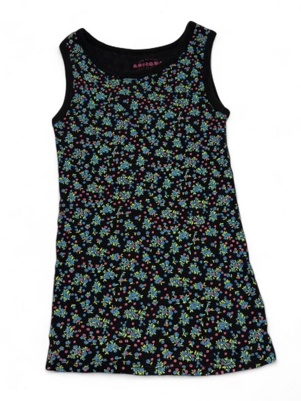 Vintage Arizona Jean Company Black Floral Tank Top with Blue, Green & Pink